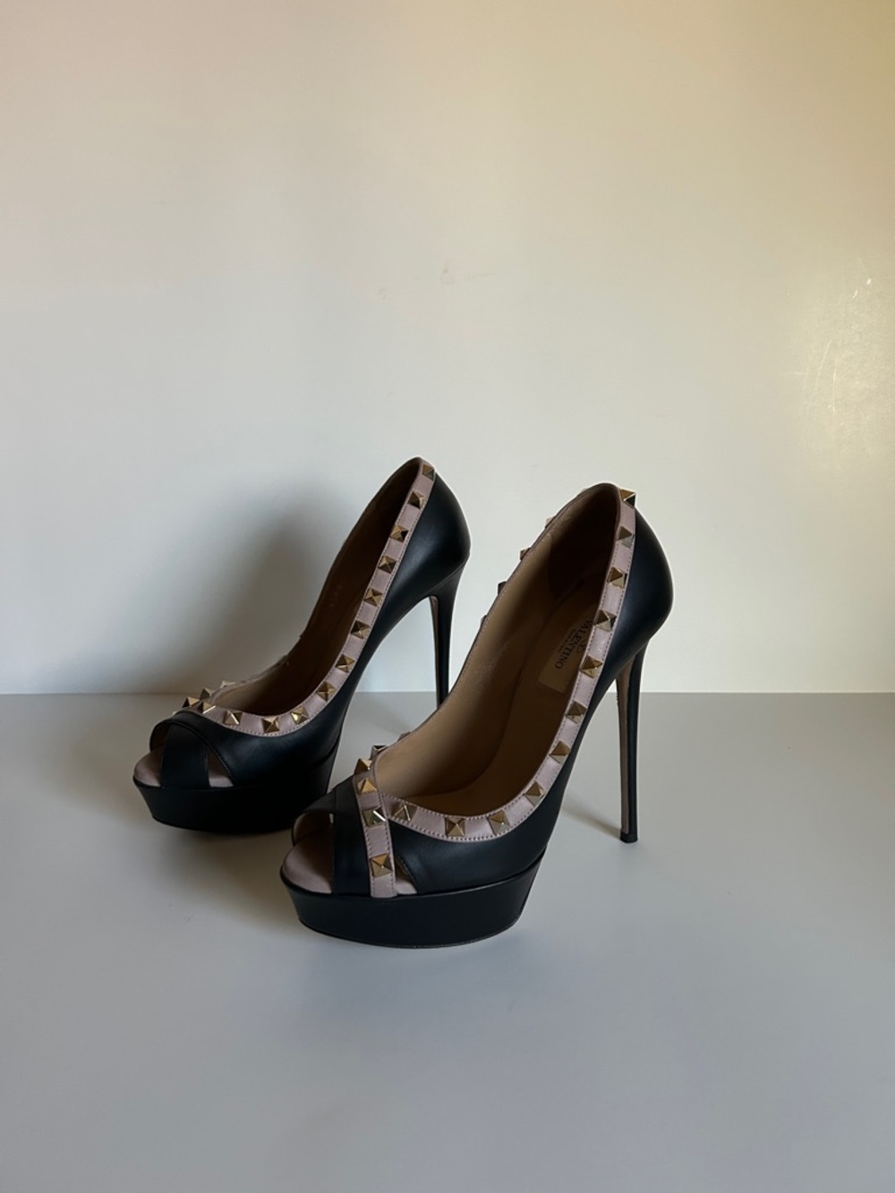 Valentino Black Peep-Toe Rockstud Platform Pumps with Beige Trim